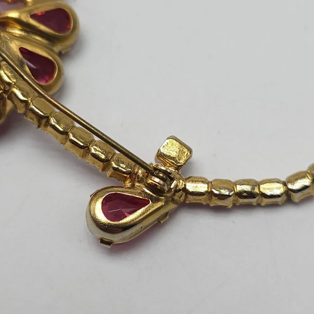Vintage Juliana Pink Rhinestone Flower Brooch Pin Gold Tone Open Backing 3.5in